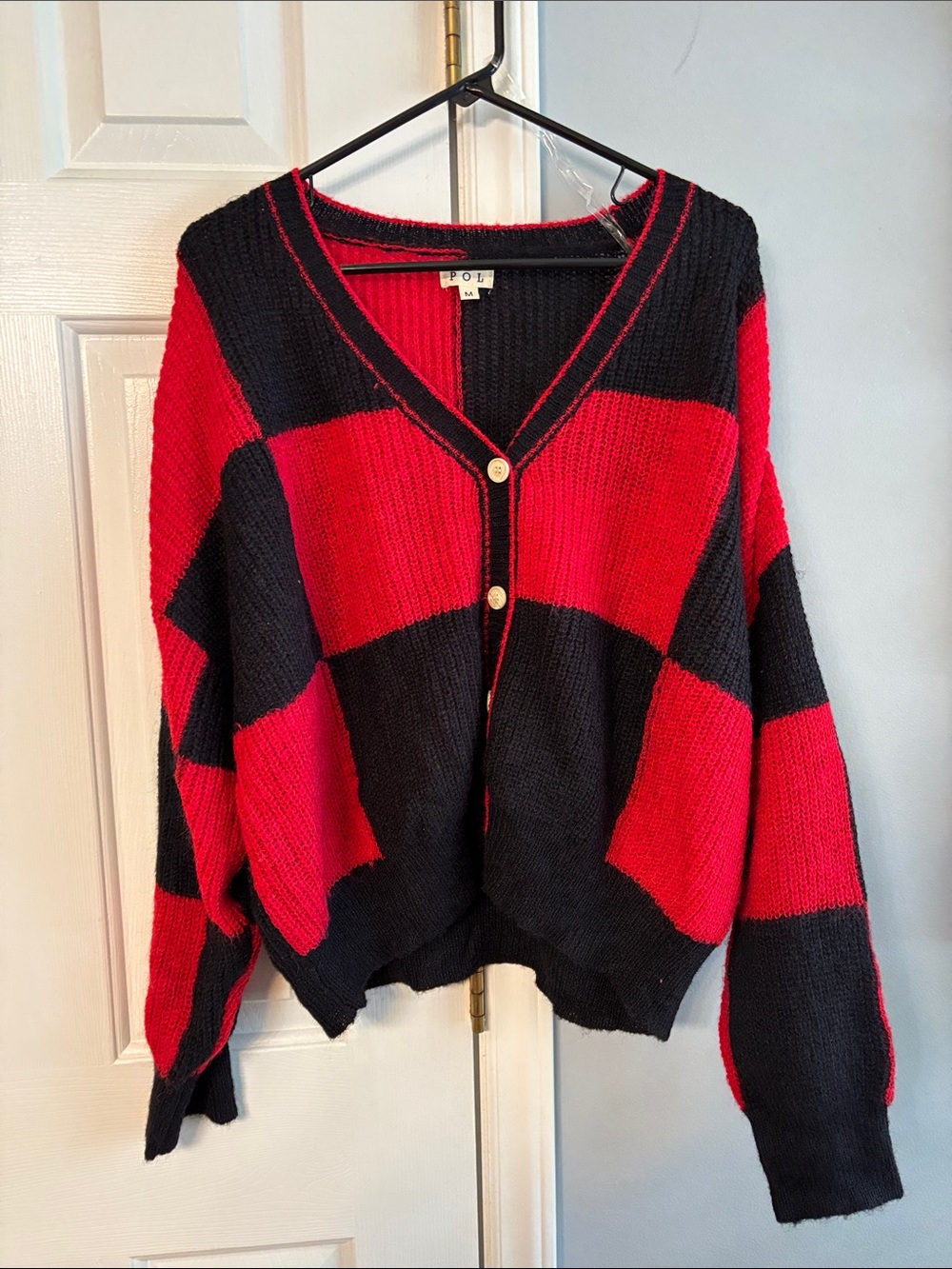 POL Red and Black Button-Front Cardigan Size M